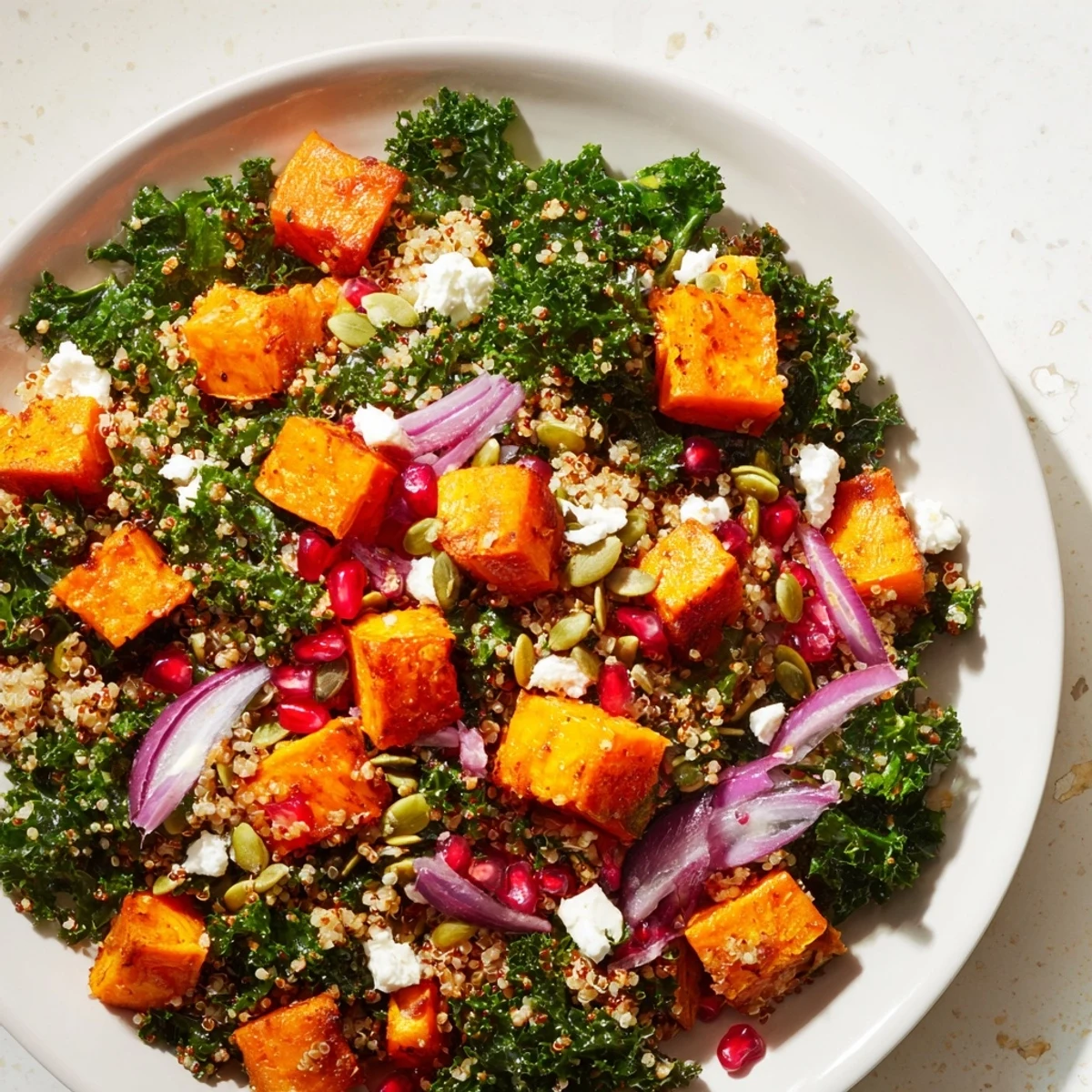 Vibrant Kale & Quinoa Salad: golden roasted sweet potatoes and a bright lemon dressing pictured beautifully.