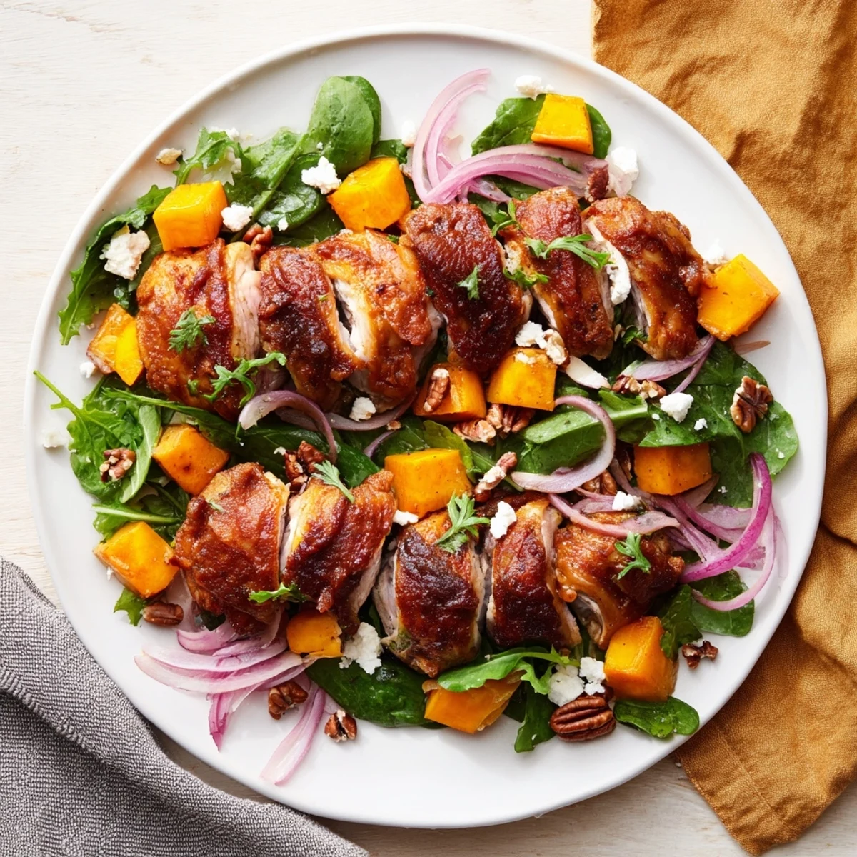 Imagine a close-up of a warm Roasted Chicken & Winter Squash Sheet-Pan Salad packed with flavor and texture.