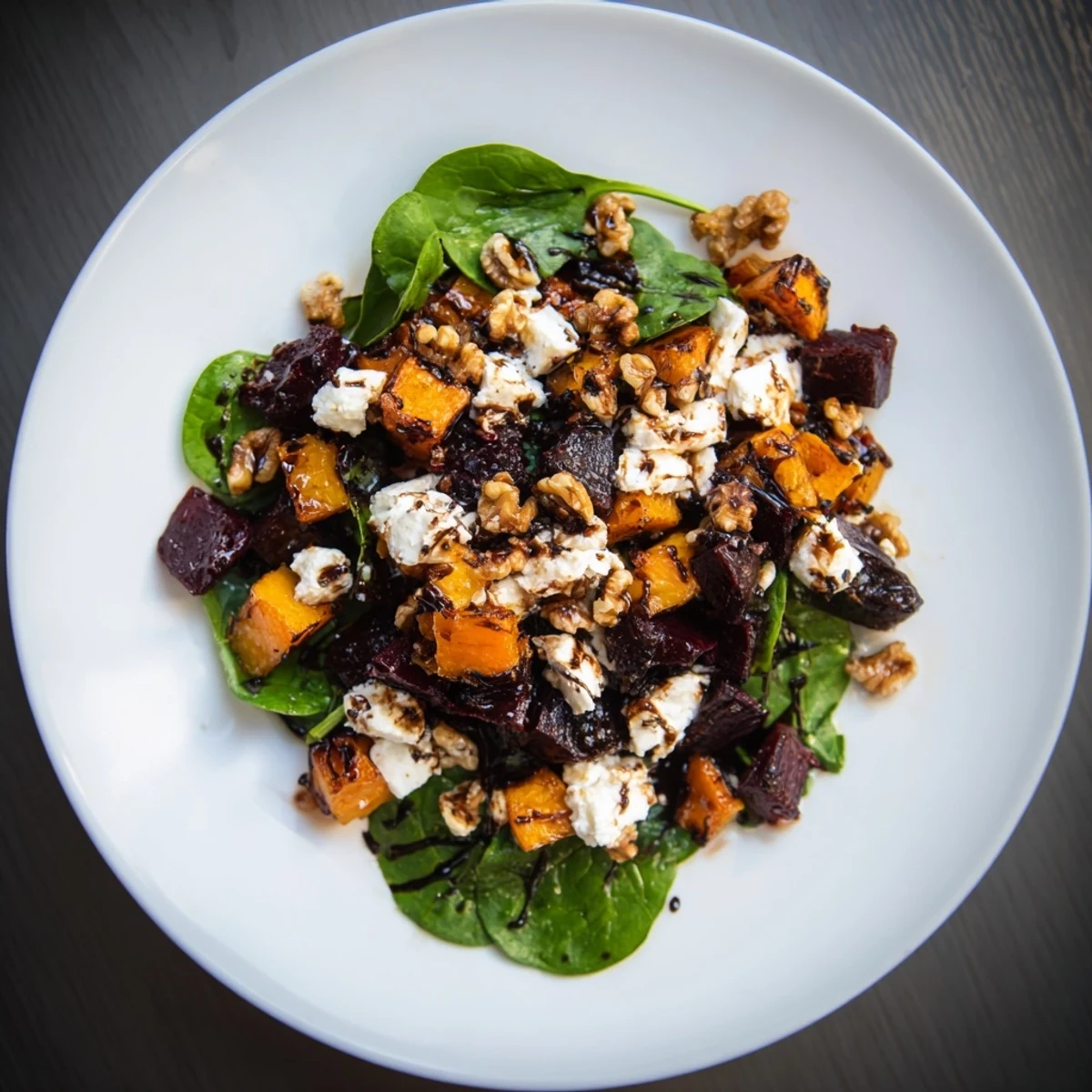 A vibrant Roasted Beet, Butternut & Spinach Salad, featuring colorful roasted vegetables and creamy goat cheese.