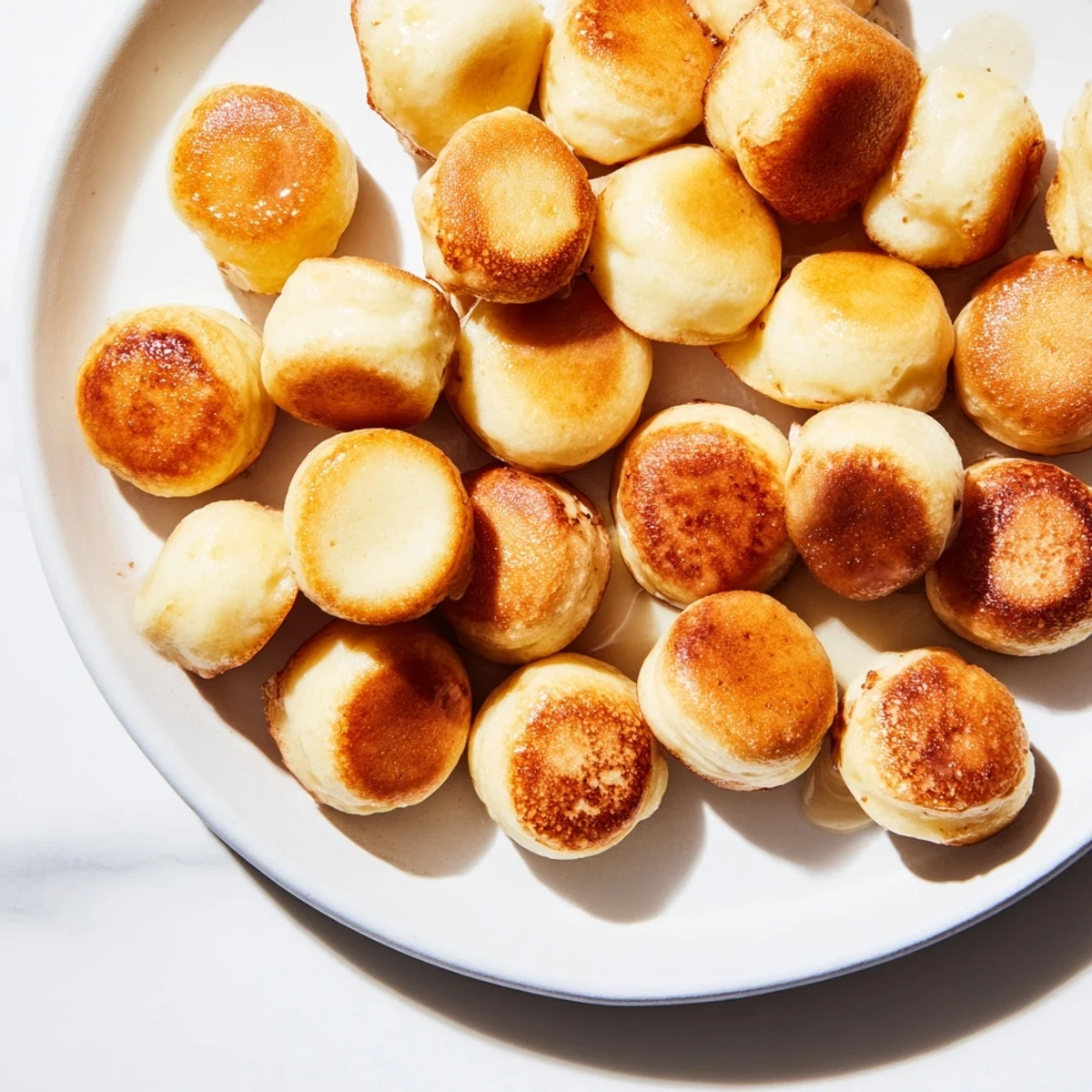 Close-up of golden, miniature pancake cereal, a trendy American breakfast treat ready to eat.