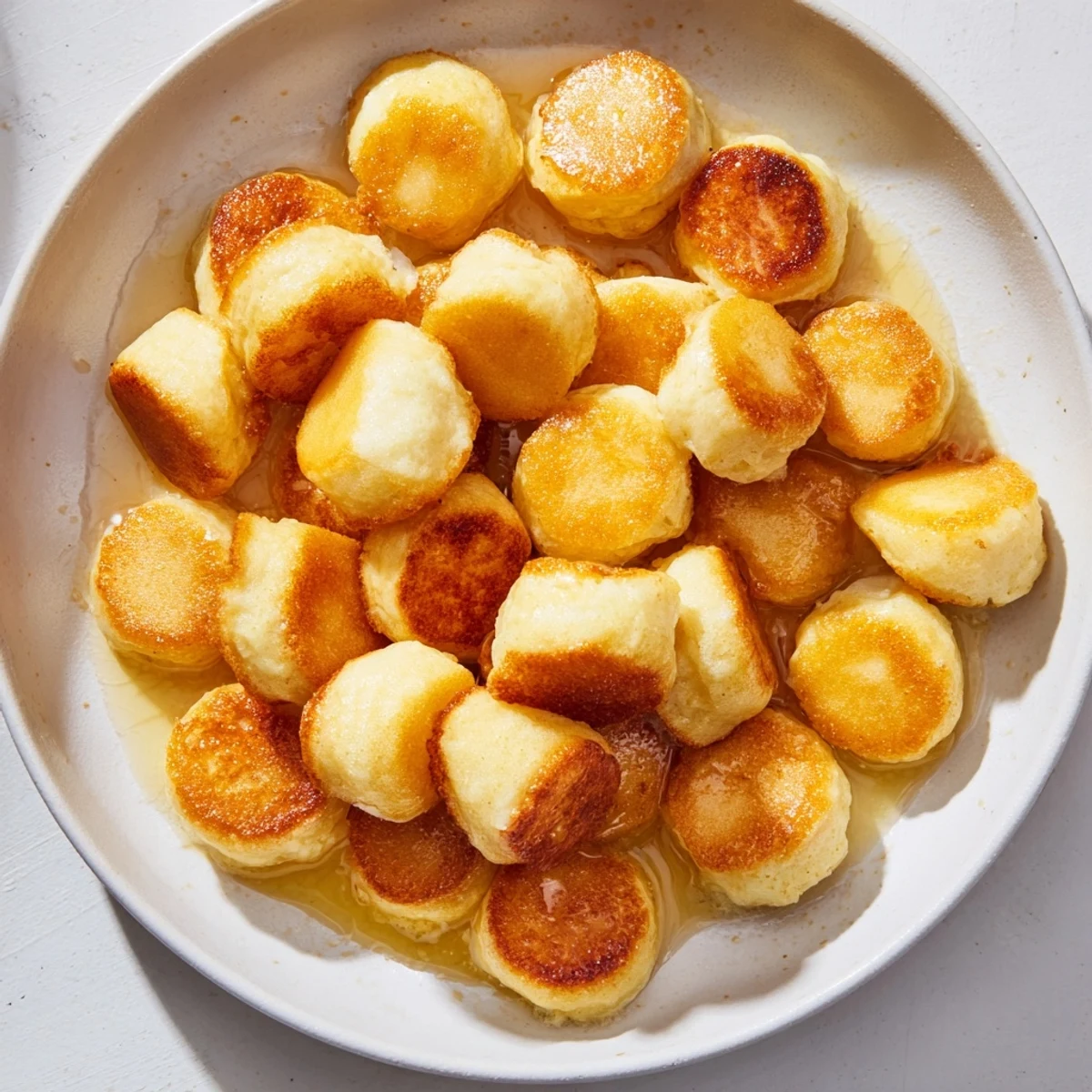 Tiny, perfectly cooked pancake cereal sprinkled with powdered sugar; a fun and tasty breakfast.