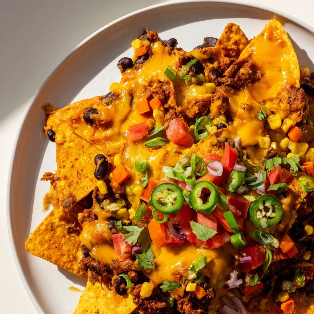 Sheet-Pan Nachos with Pantry Beans: a close-up of cheesy, bubbling nachos piled with colorful veggies.