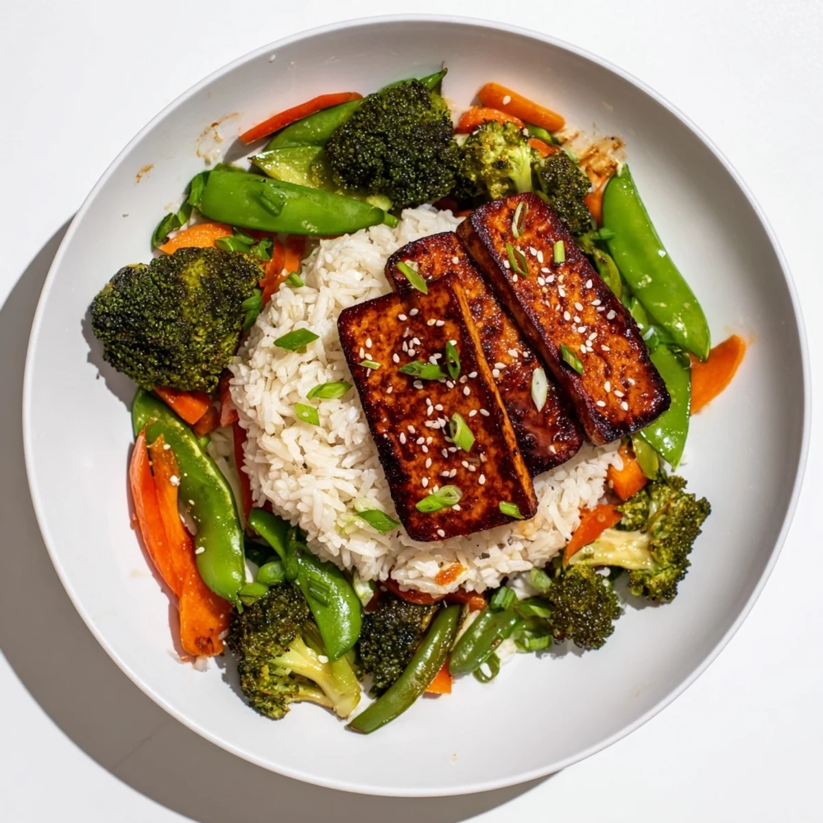 A steaming plate of colorful stir-fried vegetables and tofu steaks, perfect for a vegan dinner.
