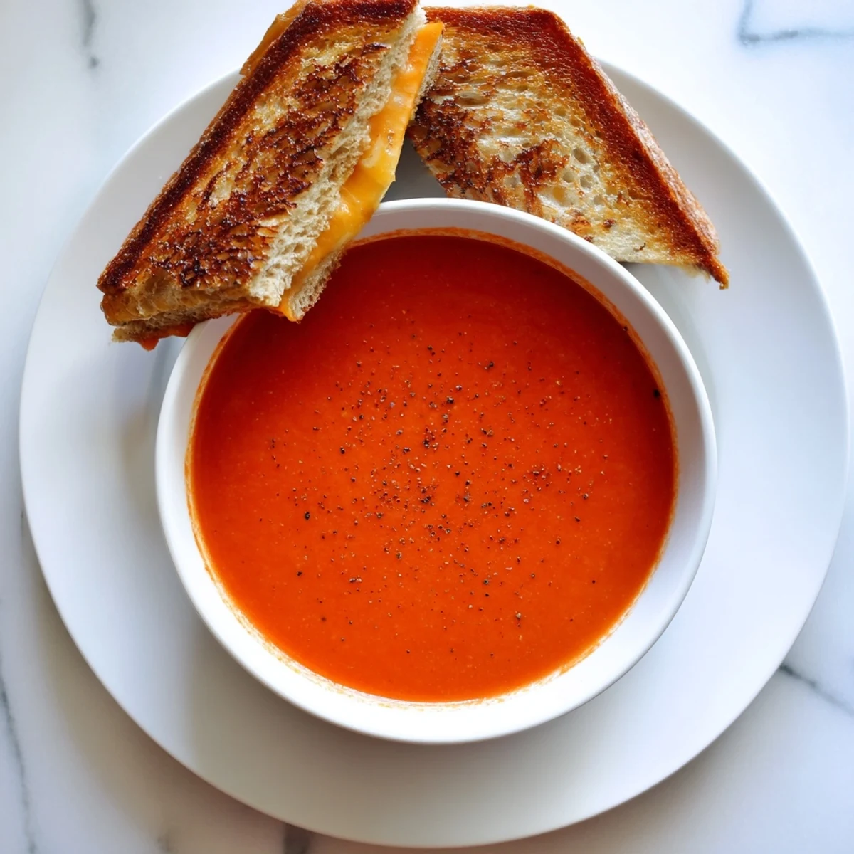 Steaming hot 5-Ingredient Tomato Soup beside golden slices of grilled cheese, perfect for dipping.