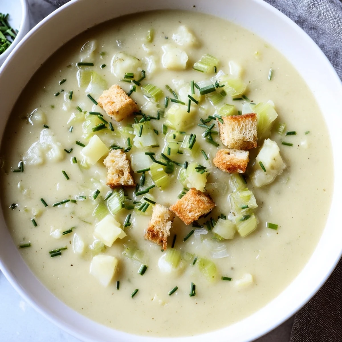 Rustic serving of Potato Leek Soup with crusty bread, perfect for a cozy, nourishing dinner.