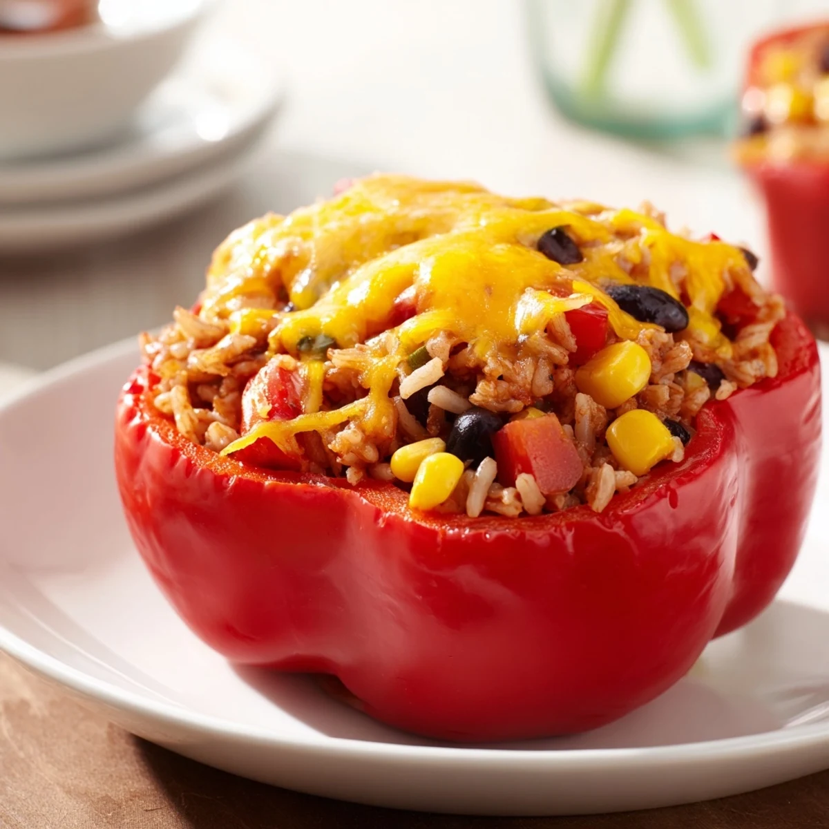 Steaming hot stuffed bell peppers, vibrant with colorful filling and melted cheese, ready to serve.