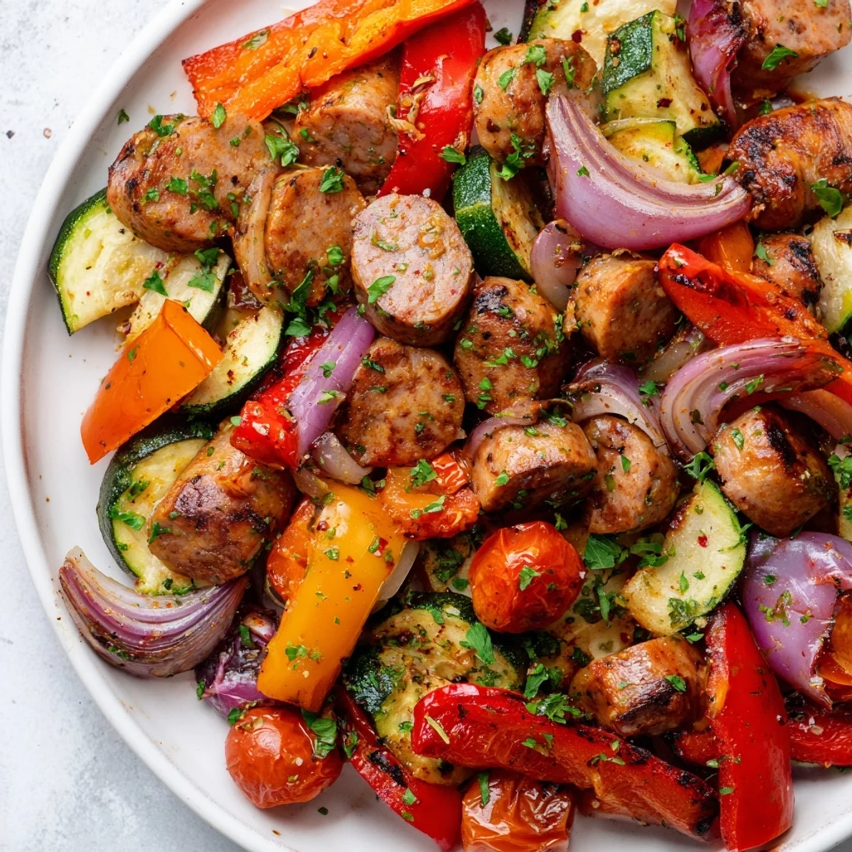 Sheet-Pan Roasted Veggies & Sausage, a colorful mix with golden, tender roasted vegetables and sausage.