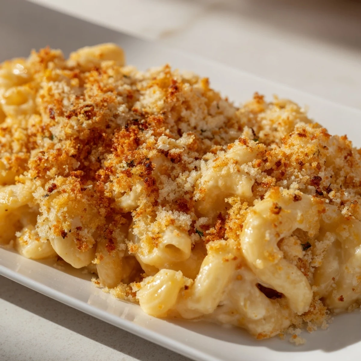 A close-up of creamy Baked Macaroni and Cheese, showing the cheesy sauce and tender macaroni.