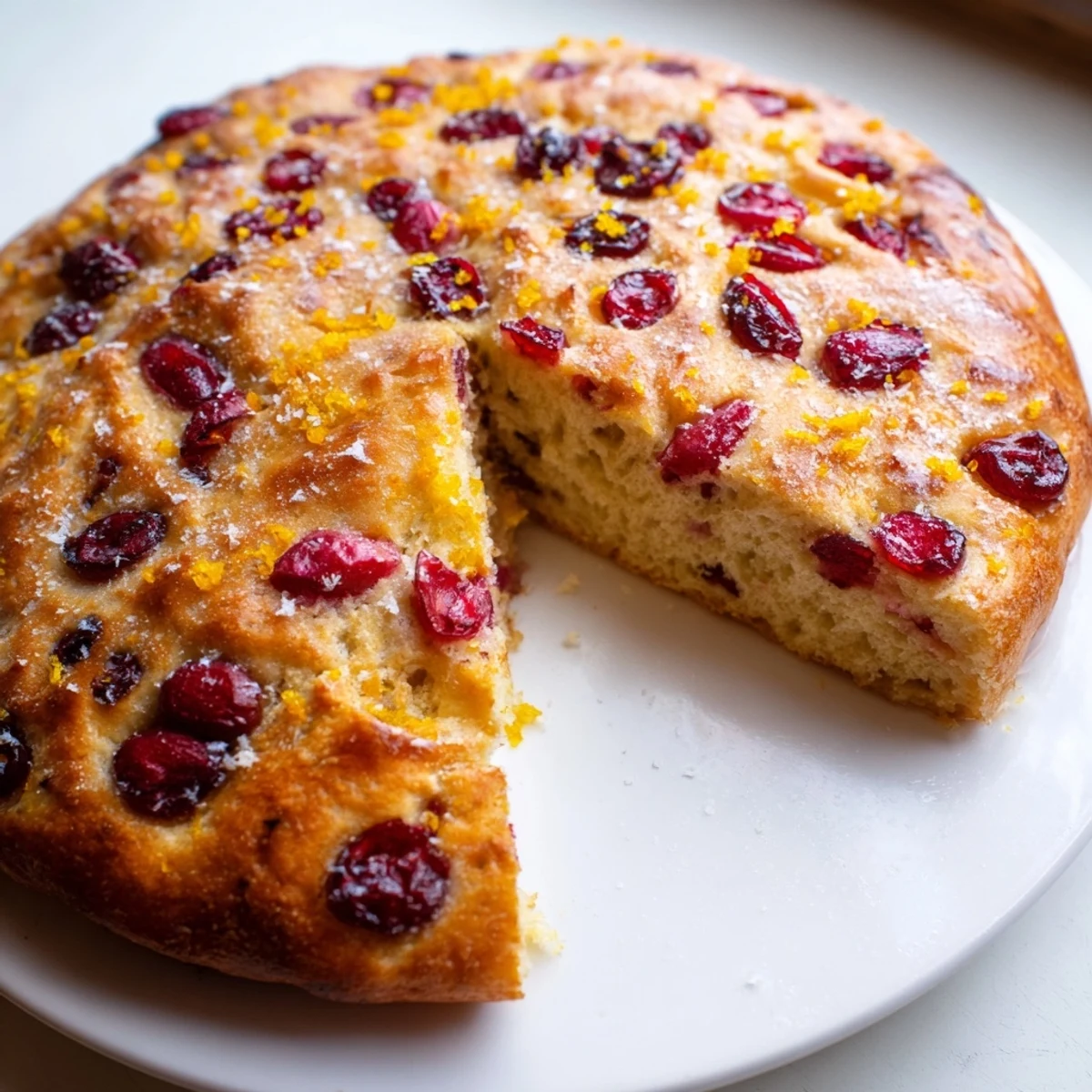 Golden, bubbly Cranberry Orange No-Knead Focaccia, studded with vibrant cranberries and zesty orange.