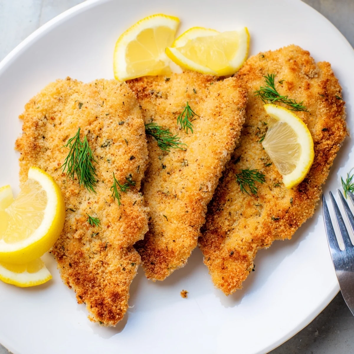 Crispy Pickle-Brined Chicken Cutlets glistening from the pan, served with fresh dill and lemon wedges.