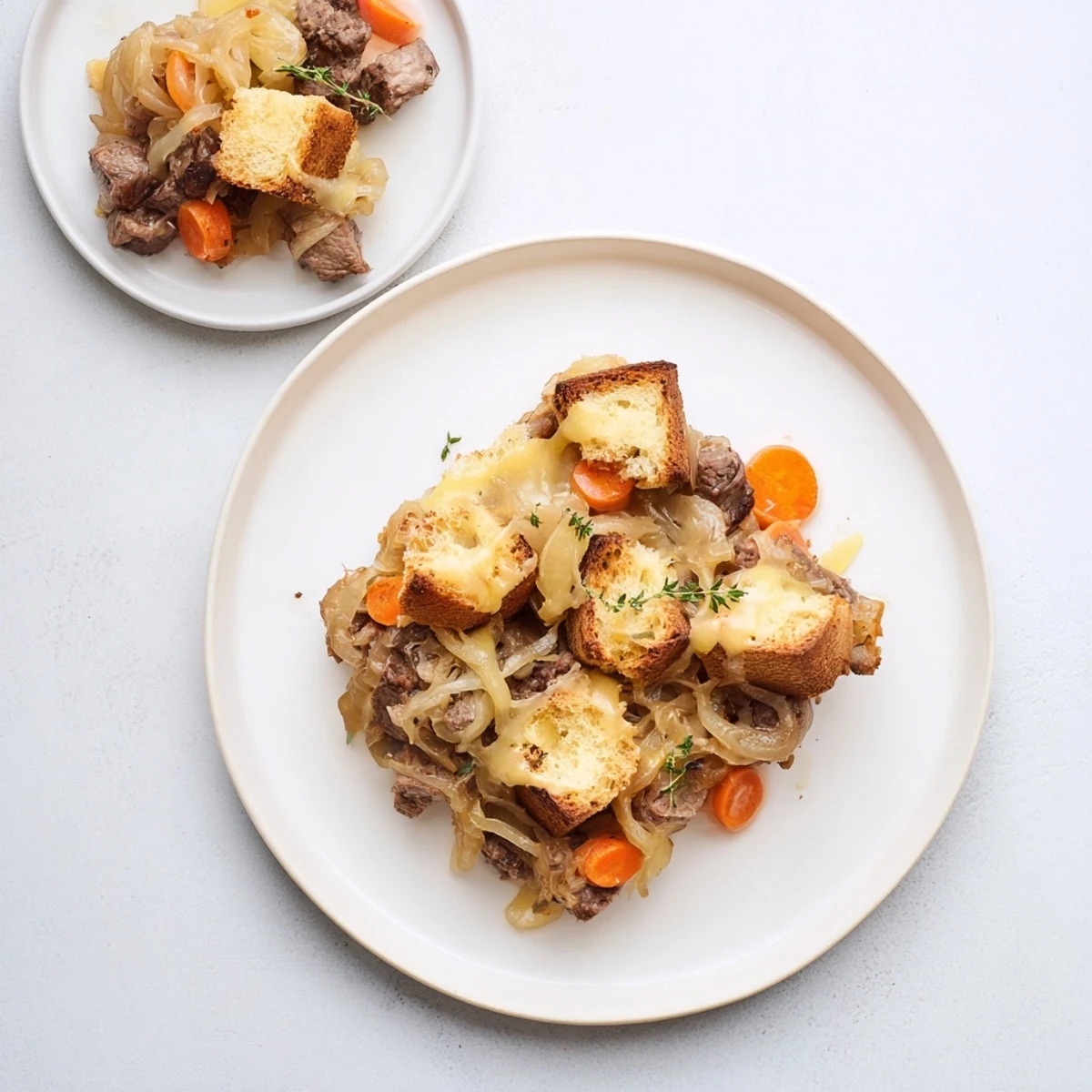 Golden-brown bread and cheesy top of a delicious French Onion Pot Roast Casserole, perfect for sharing.