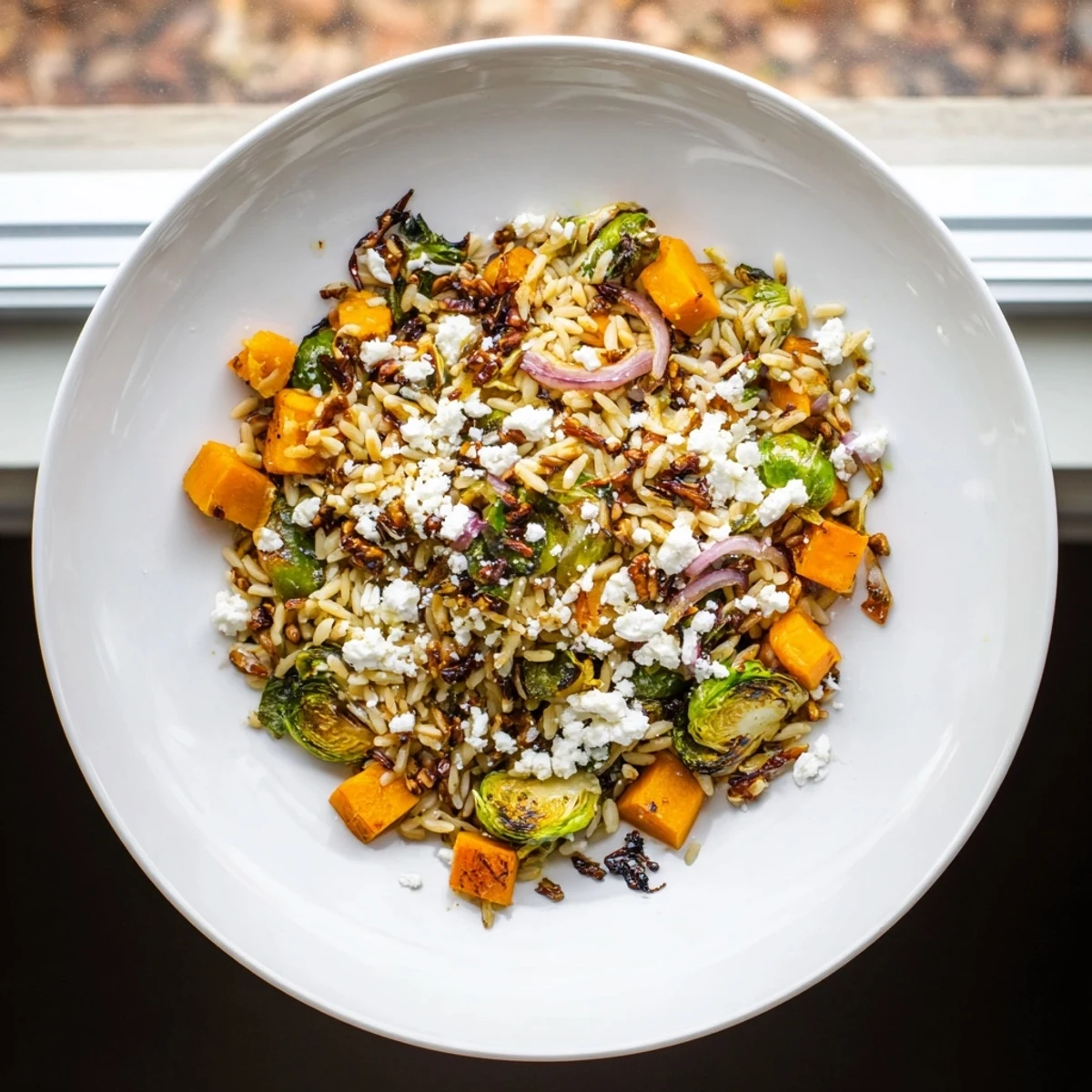Vibrant bowl of Best Fall Harvest Orzo Salad with a glistening vinaigrette, perfect for a vegetarian meal.