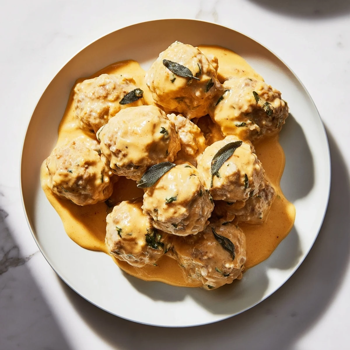 Hearty turkey meatballs in pumpkin sage sauce, drizzled over pasta, creating a warm, flavorful meal.