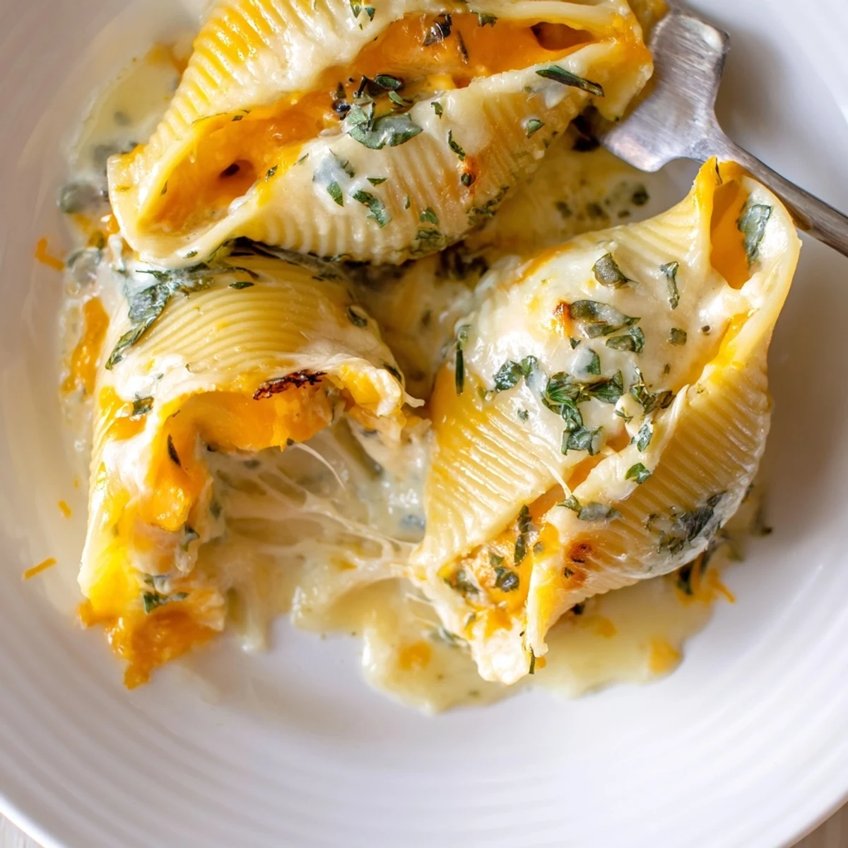 Golden-baked Pumpkin & Gouda Stuffed Shells, bubbling in rich Alfredo sauce, ready to serve.