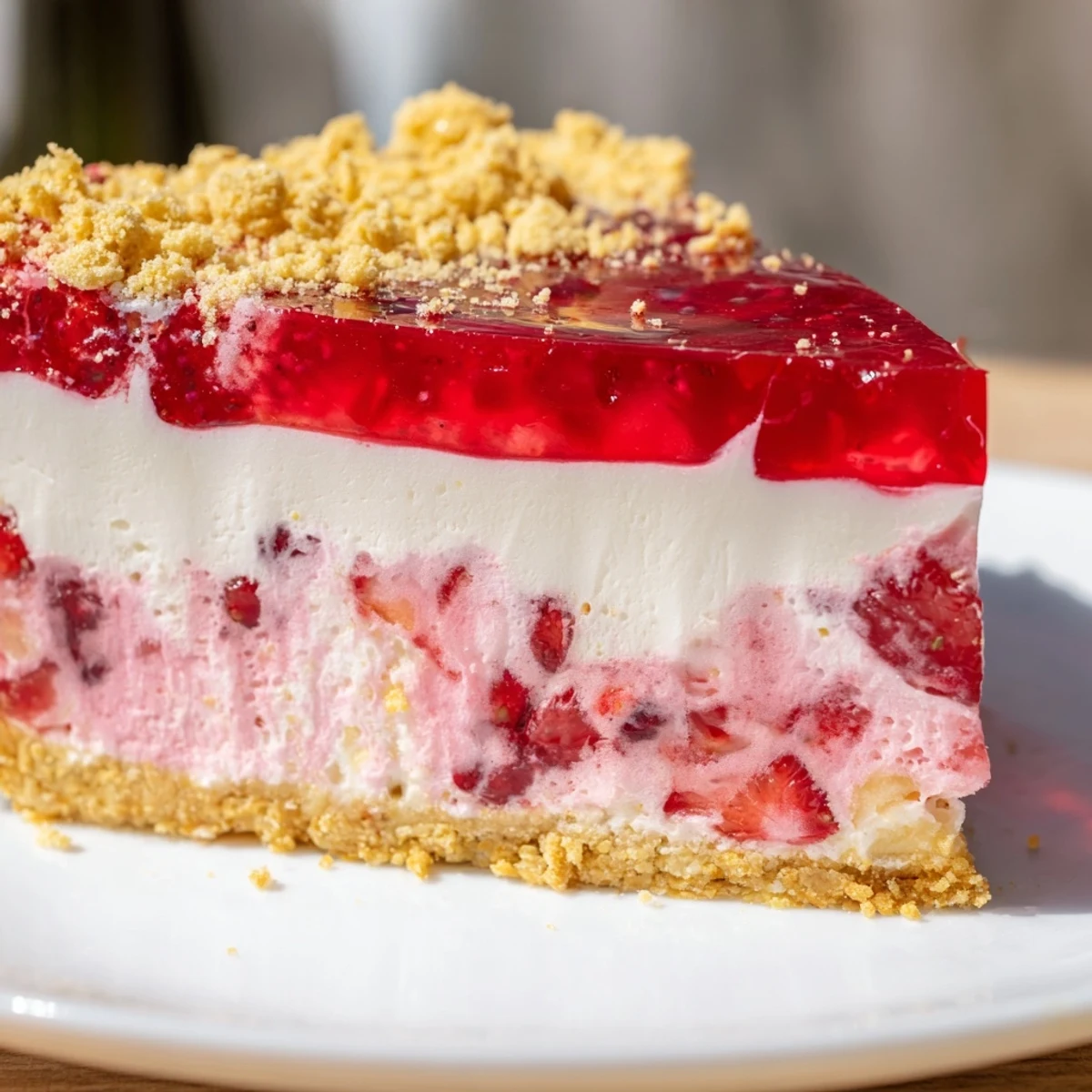A slice of layered Strawberry Shortcake Cheesecake showcasing its creamy textures and fresh strawberries.