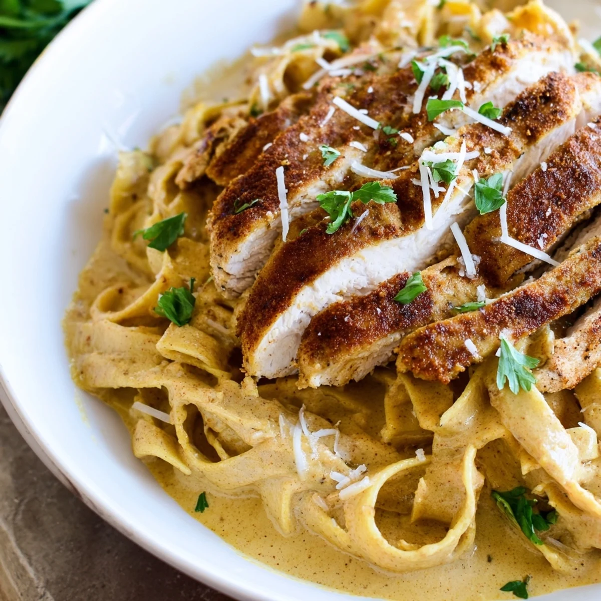 Imagine fresh parsley garnishing this flavorful Cajun Chicken Alfredo Fettuccine with its cheesy, creamy sauce.