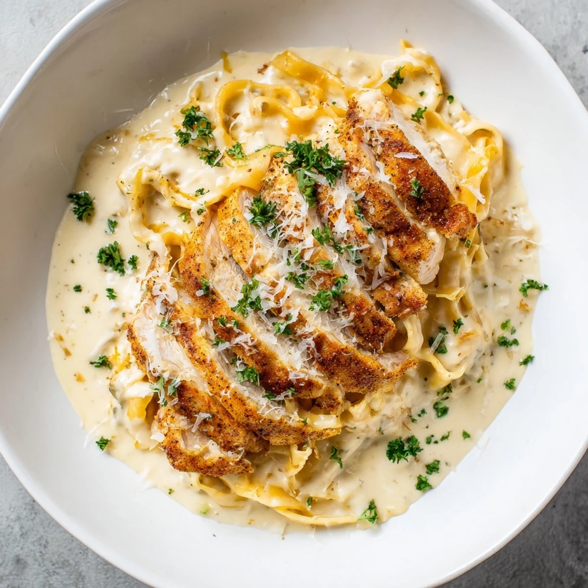 Close-up of a sizzling Cajun Chicken Alfredo Fettuccine Pasta dish, glistening with a creamy Velveeta sauce.