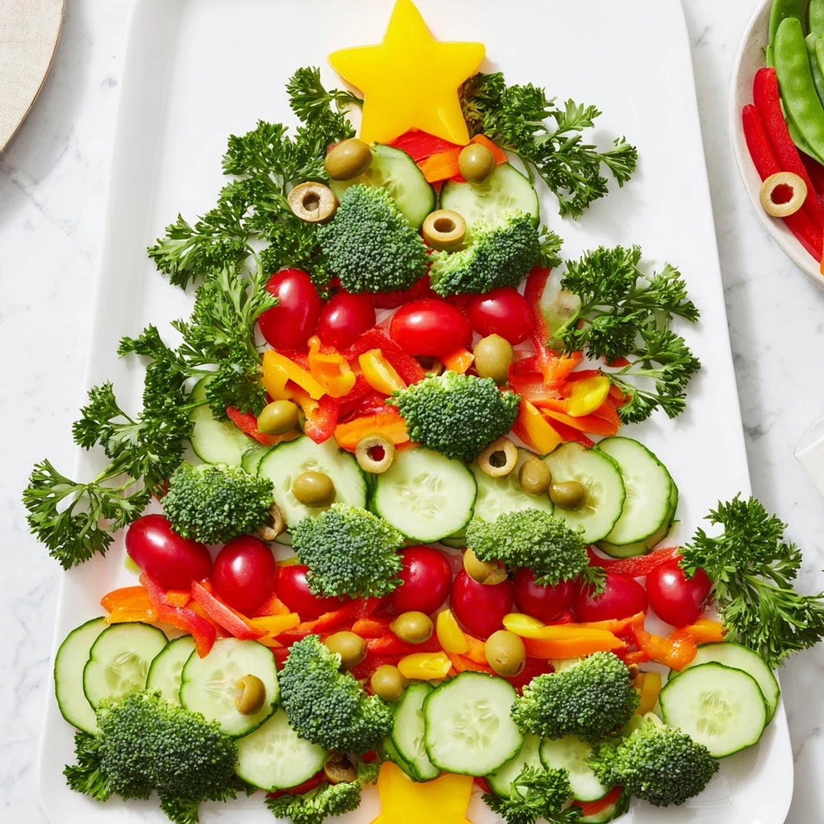 Bright, eye-catching Healthy Christmas Veggie Platter Tree with vibrant bell peppers, broccoli, and tomatoes, ready to enjoy.