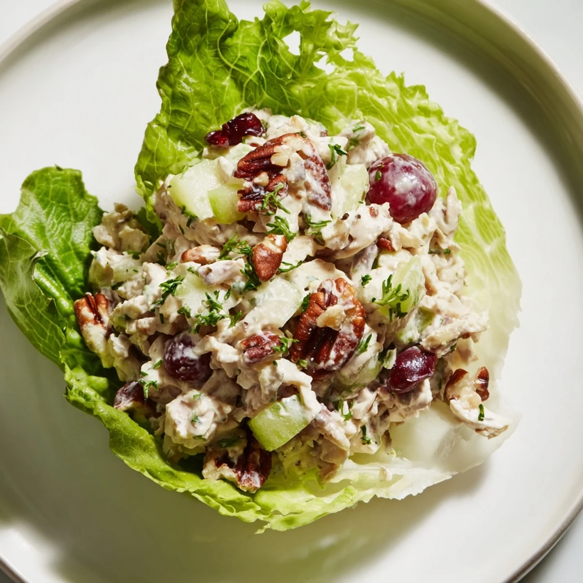 Festive Chicken Salad Cups are served beautifully in crisp lettuce cups, a perfect holiday appetizer.