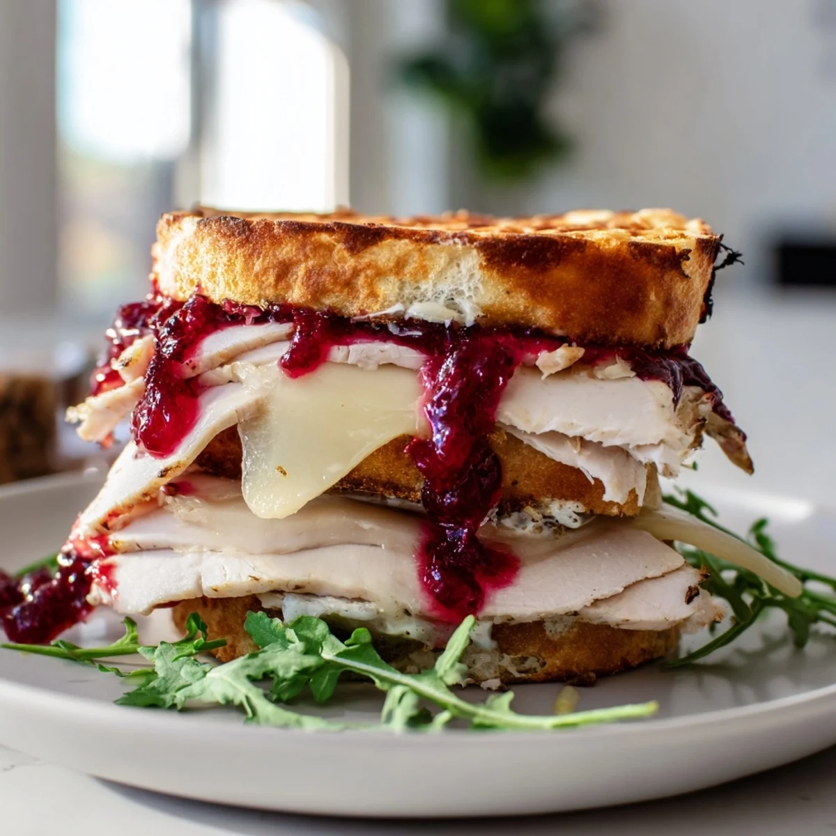 Golden-brown Easy Holiday Waffle Sandwich, a delicious combination of turkey, melty cheese, and cranberry sauce.
