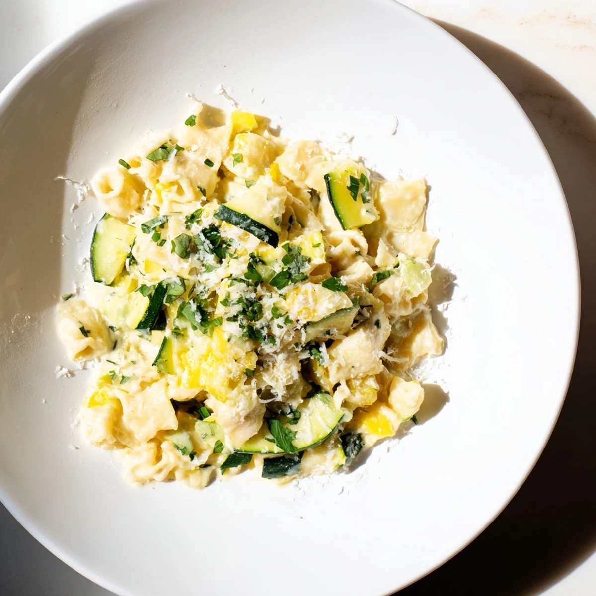 Golden-brown One-Pot Creamy Zucchini Ditalini with fresh parsley, ready to serve and enjoy.