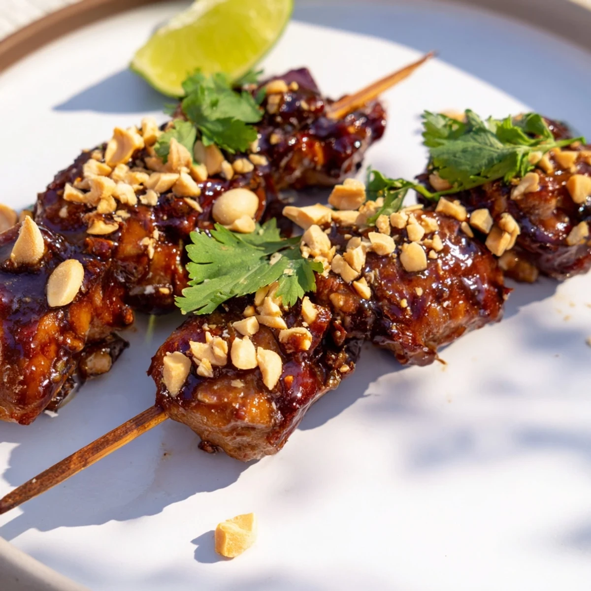 Juicy Spicy Peanut Satay Chicken Skewers, charred from the grill and ready to serve with fresh cilantro.