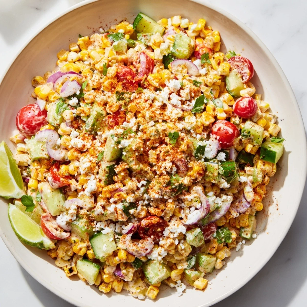 Close-up of a delightful Mexican Street Corn Chopped Salad, showcasing fresh ingredients and flavors.