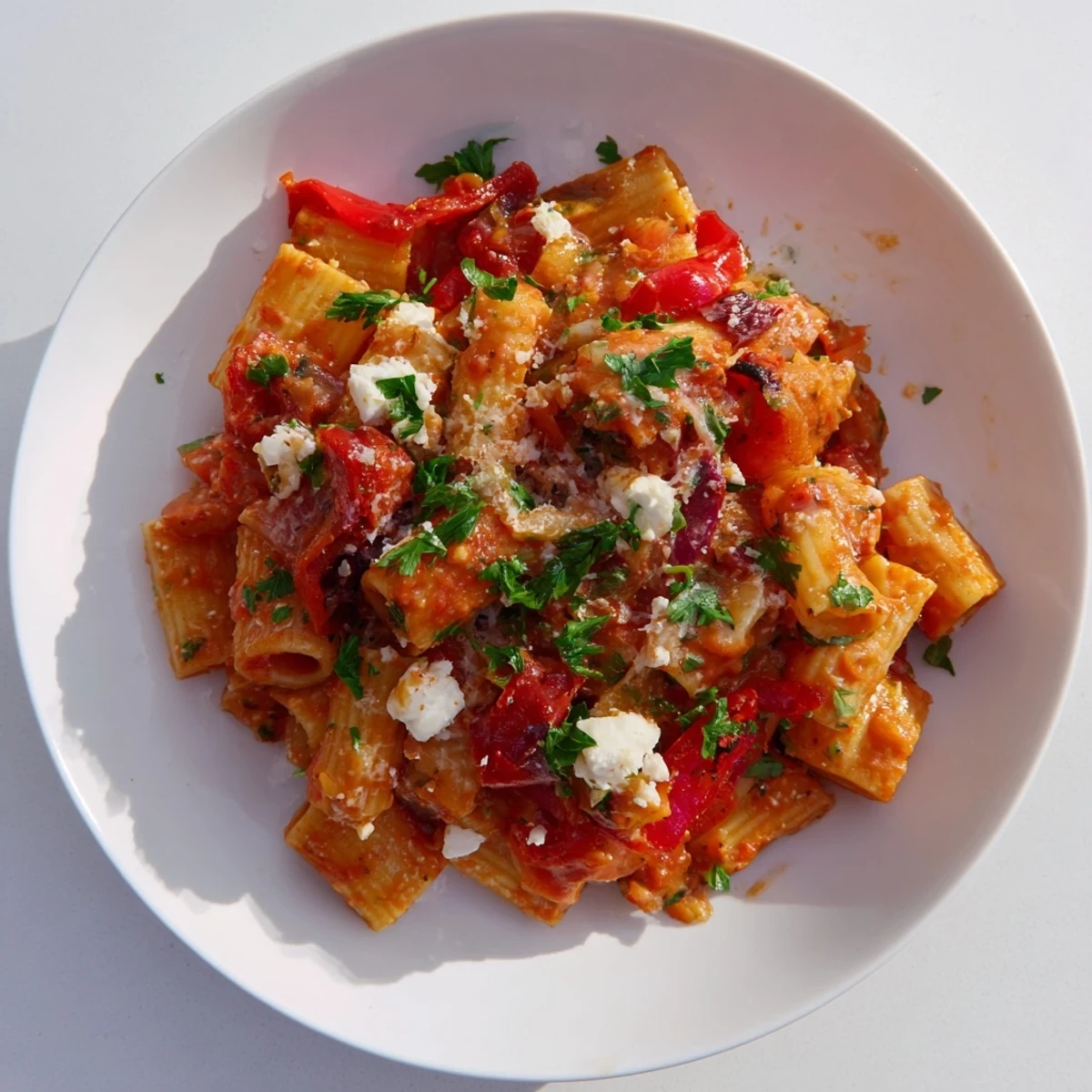 A close-up of a baking dish overflowing with flavorful Mediterranean Baked Garlic & Herb Pasta, ready to be served.