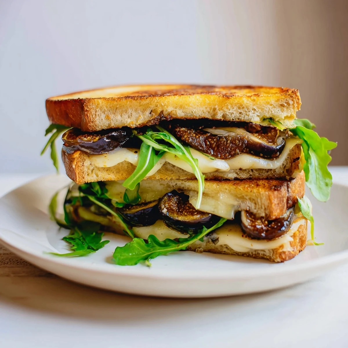 Melted Brie and fig embrace arugula in this stunning Fig, Brie & Arugula Grilled Cheese.