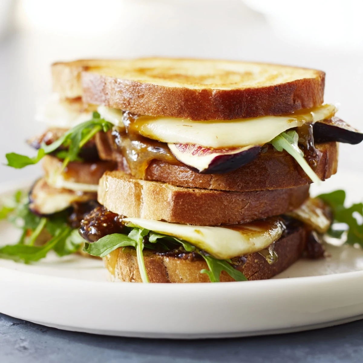 A close-up reveals a flavorful Fig, Brie & Arugula Grilled Cheese sandwich, served hot and ready to enjoy.