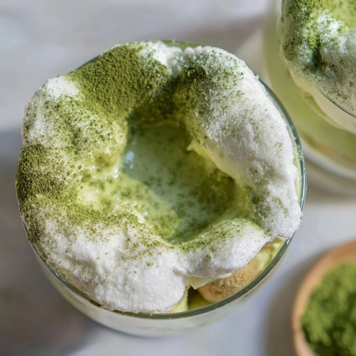 Enjoy individual matcha mascarpone tiramisu snow cups; a cold combination of flavors and textures.