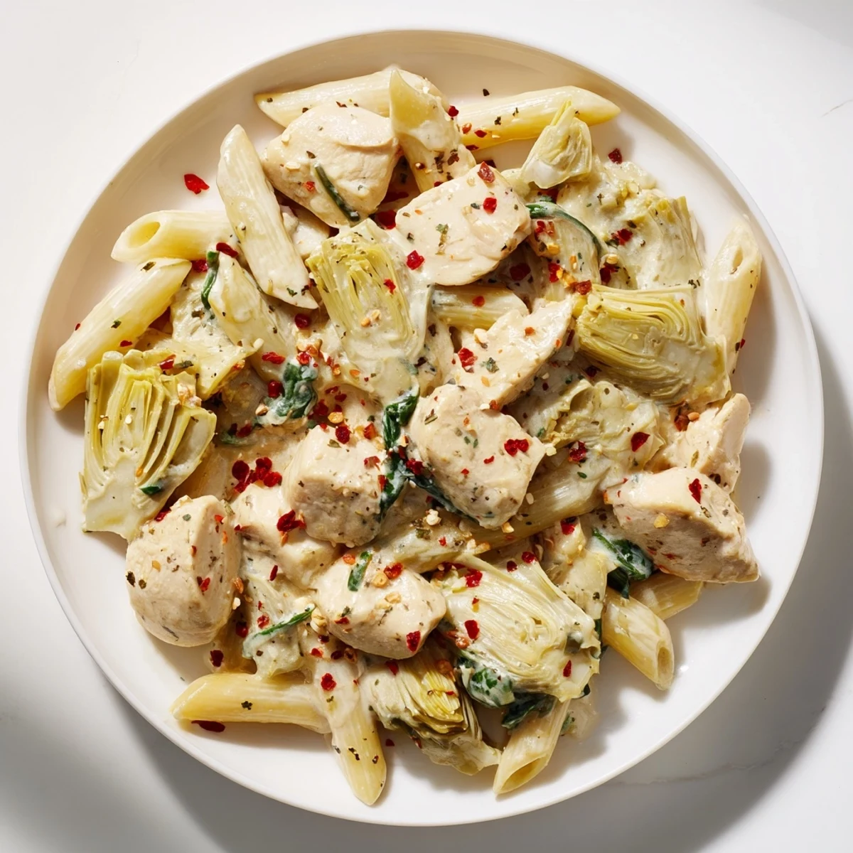 Creamy Spinach Artichoke Protein Pasta Skillet: a comforting, one-pan meal with a creamy, cheesy sauce.