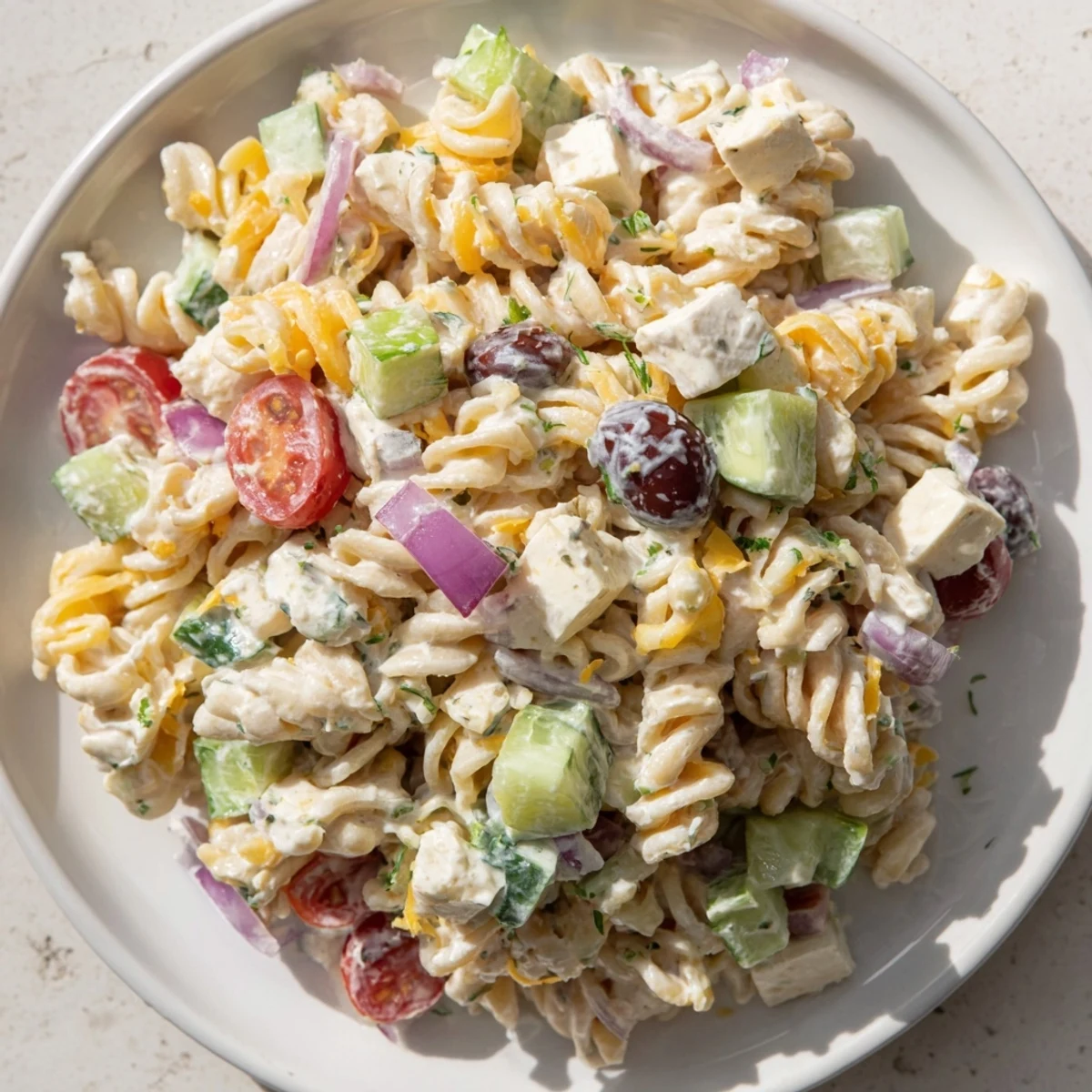 A colorful bowl of Greek Yogurt Million Dollar Christmas Pasta Salad, bursting with fresh ingredients.