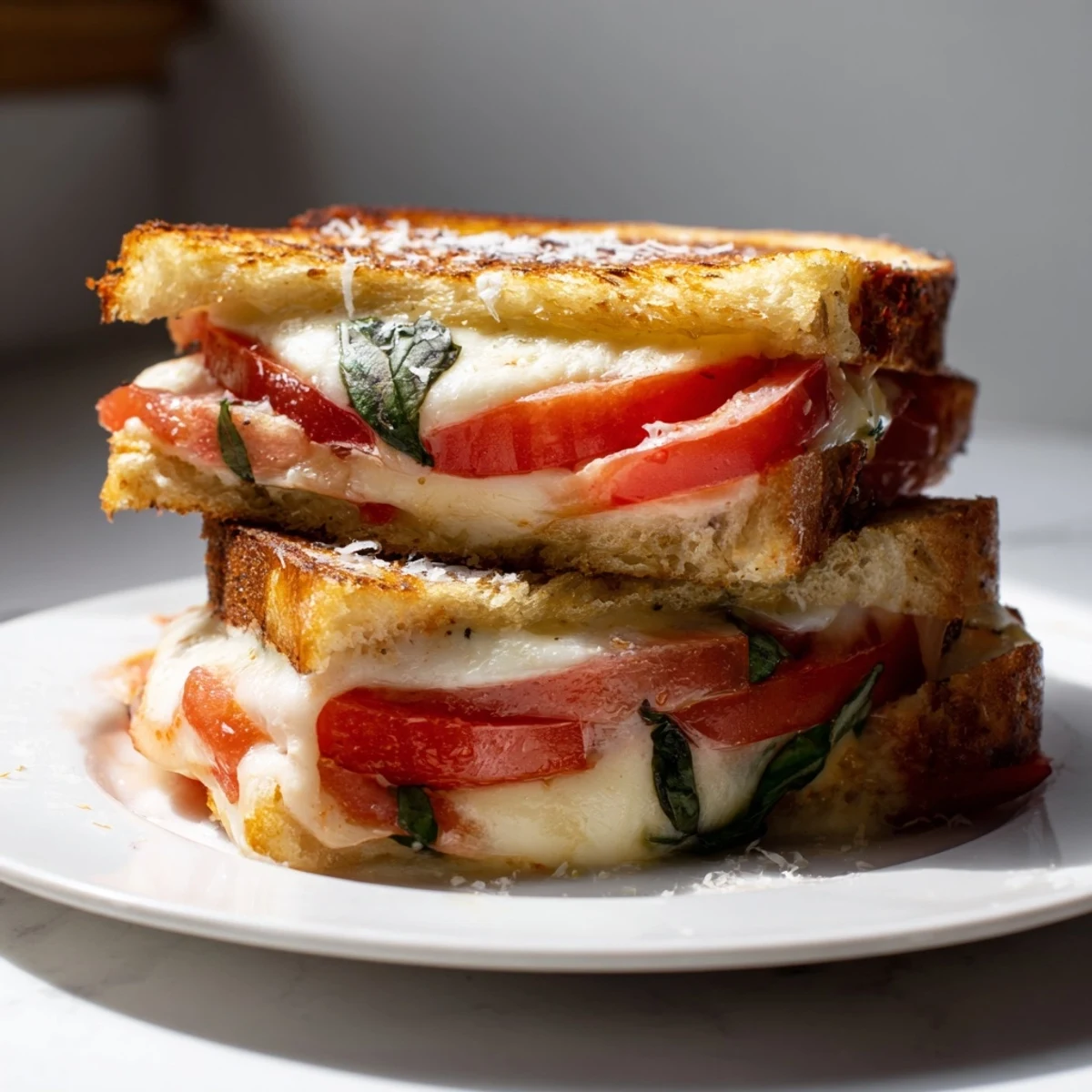 Air Fryer Pizza Margherita Grilled Cheese, golden and bubbly, with melted mozzarella and fresh basil.