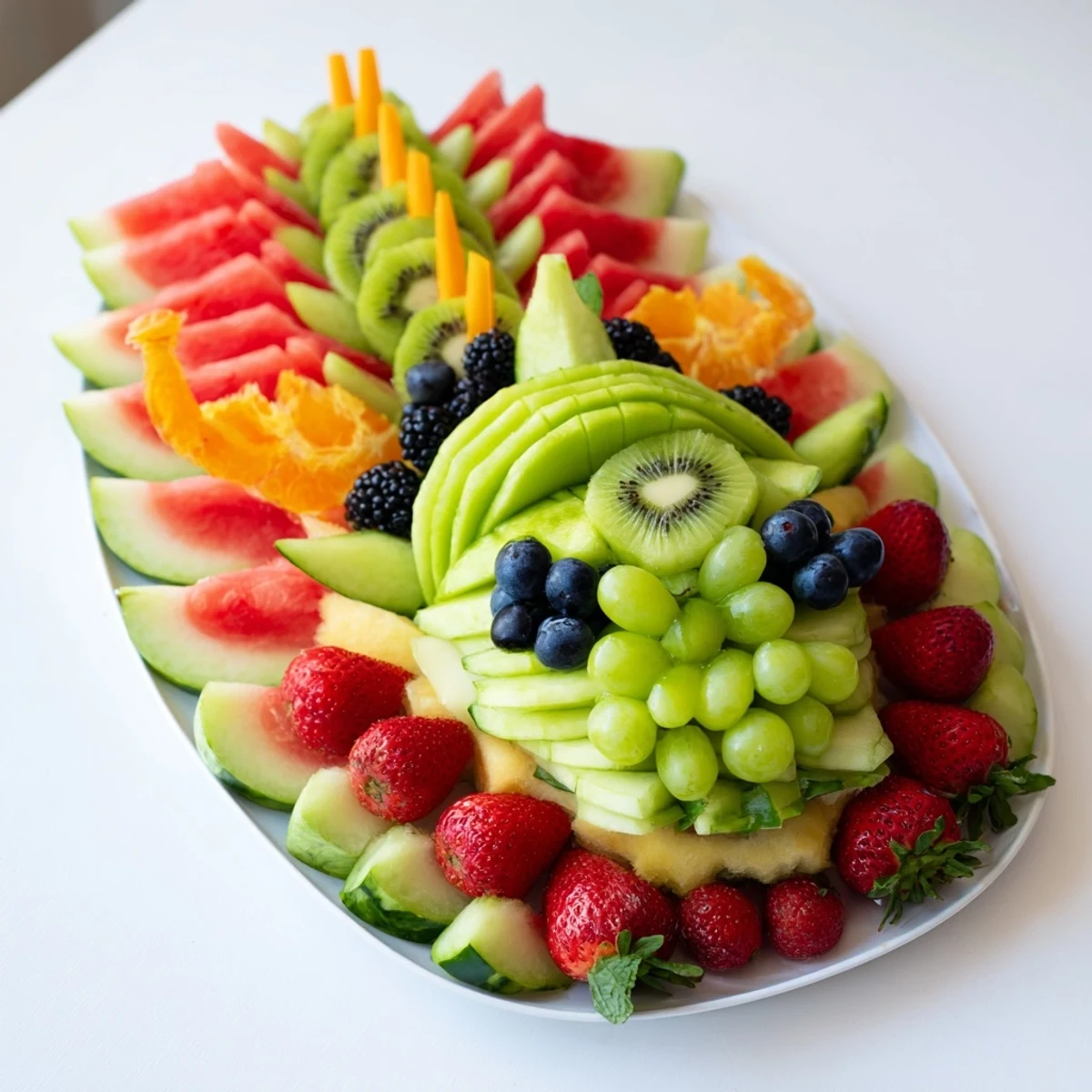 This Dragon-Shaped Fruit Tray features colorful scales made from cantaloupe and kiwi, a fun appetizer.