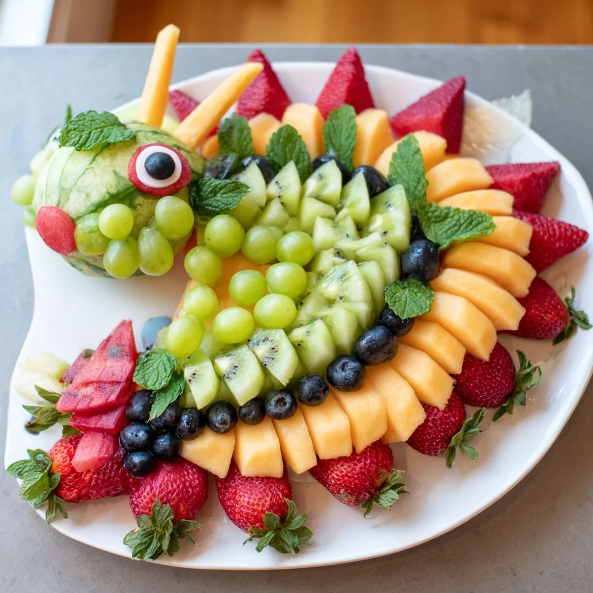Vibrant photo of a Dragon-Shaped Fruit Tray, bursting with fresh melon and berries for a party.