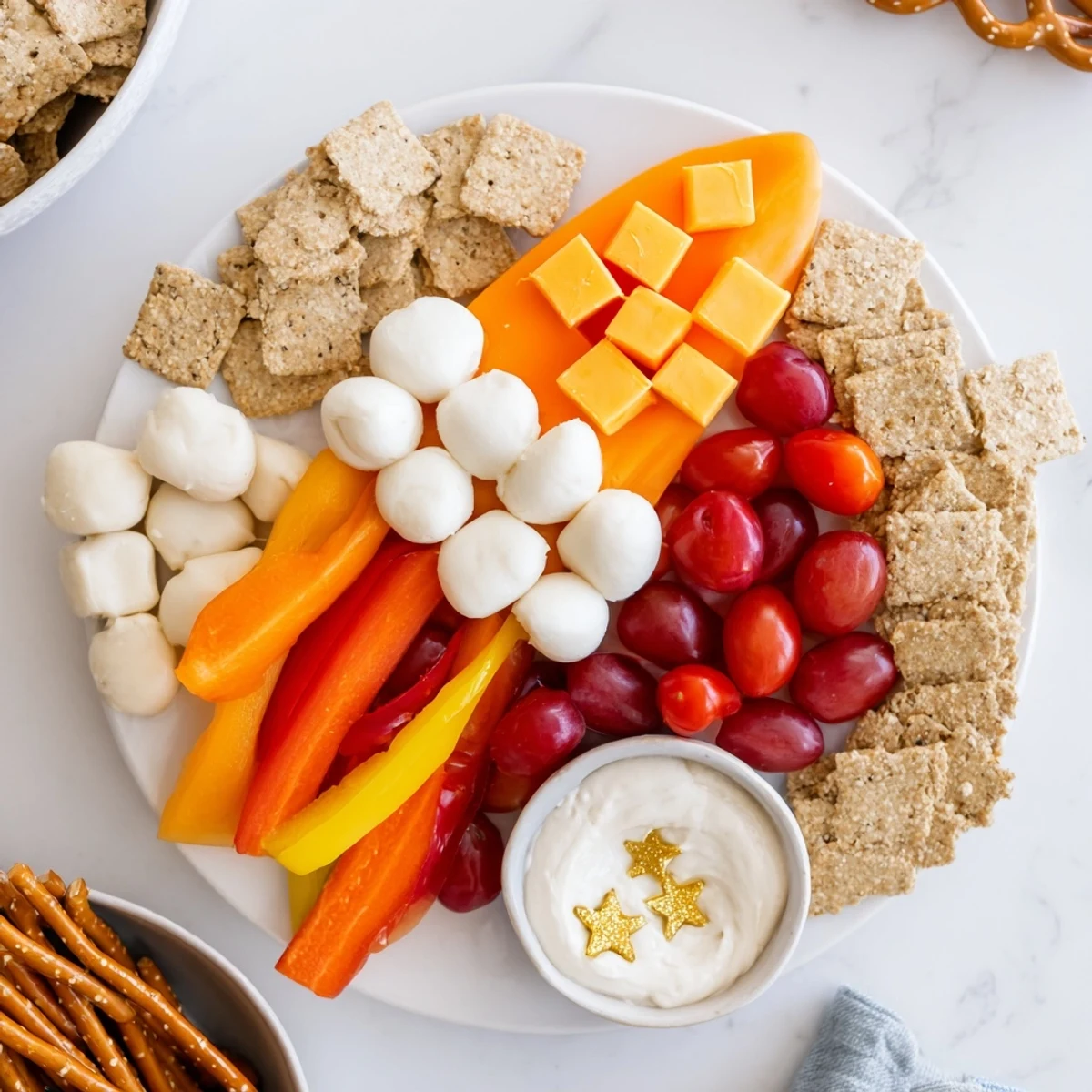 Whimsical Blast Off Spaceship Snack Board with colorful veggies, crackers, and creamy dips for fun eating.