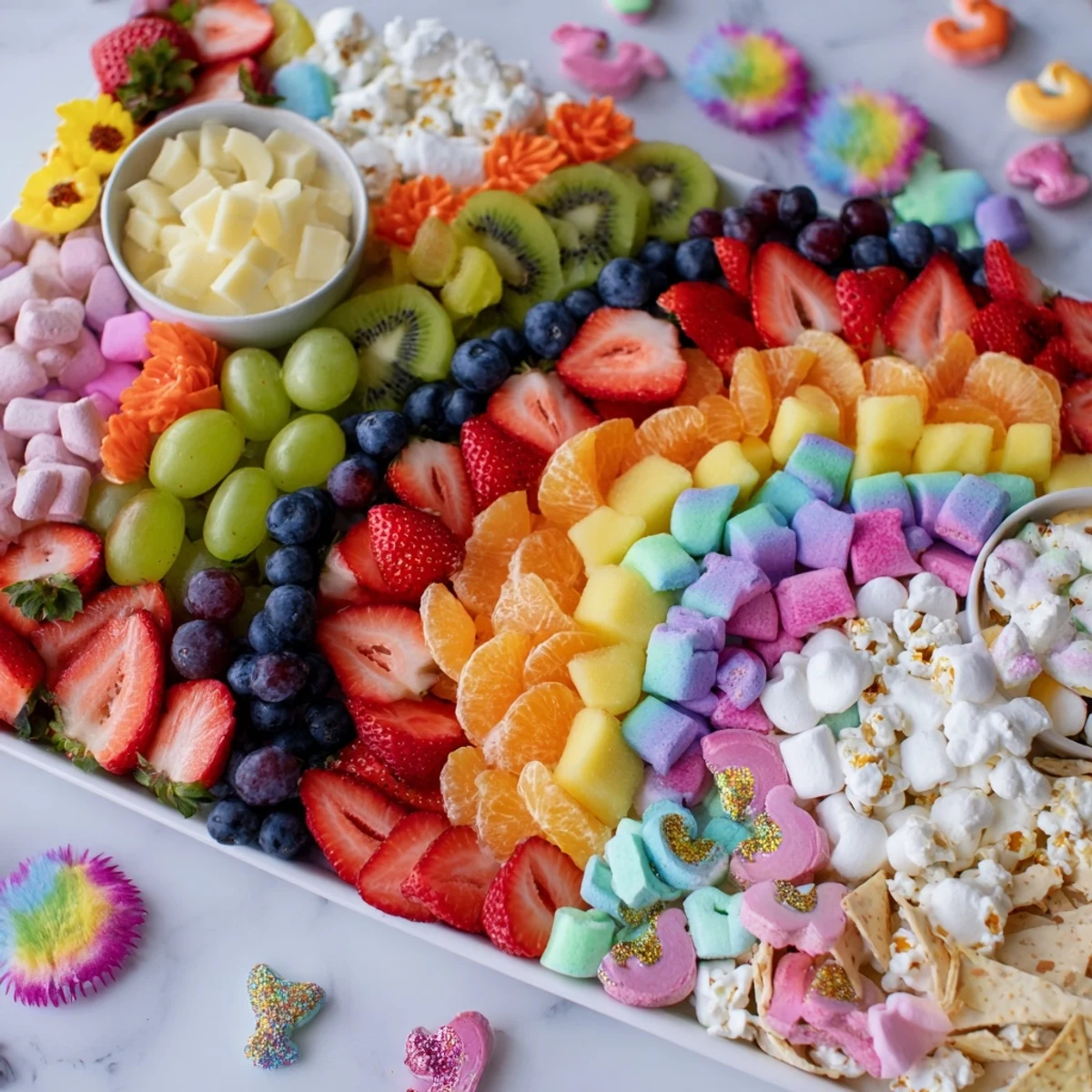 Vibrant Magical Unicorn Rainbow Dessert Board overflowing with colorful fruits, candies, and creamy dips for a celebration.