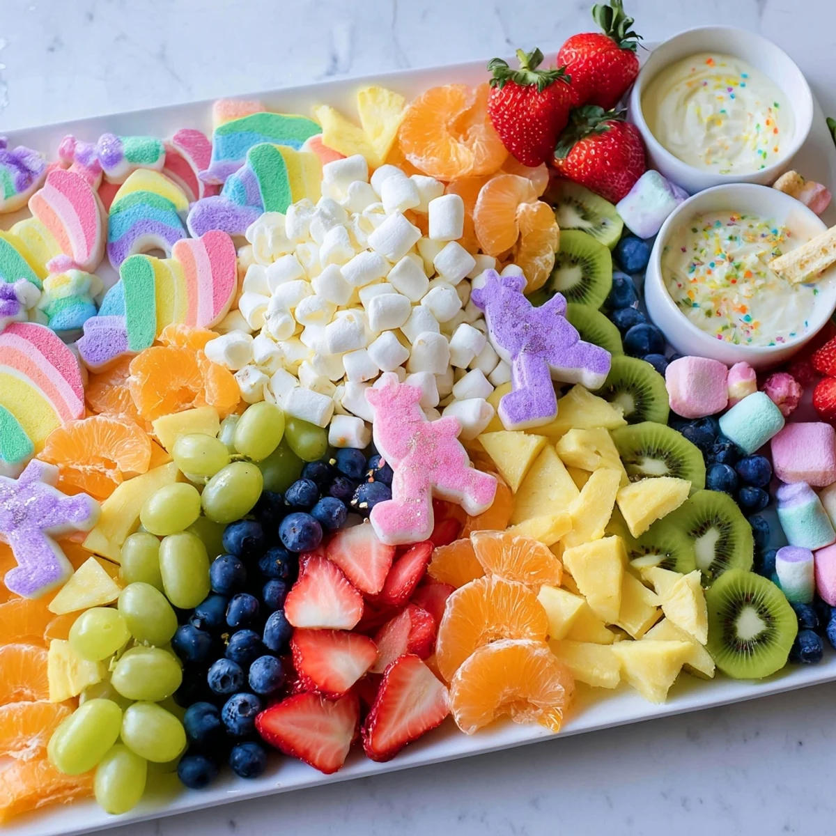 A delicious spread showcasing the Magical Unicorn Rainbow Dessert Board, featuring fresh fruits, marshmallows, and edible sparkles.