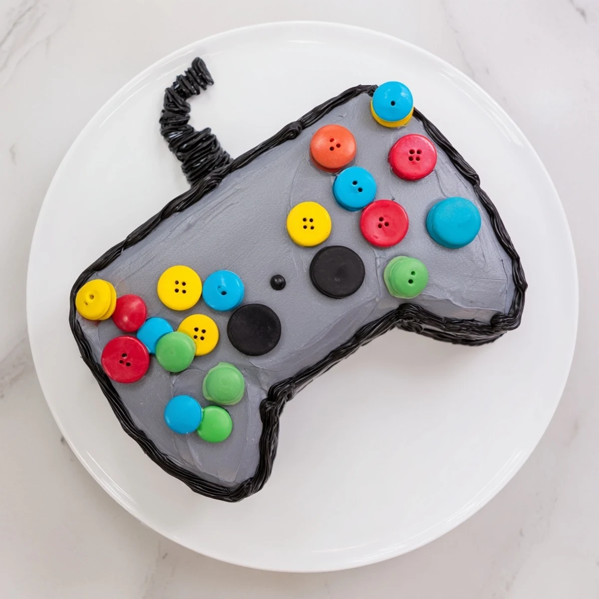 Freshly baked, beautifully decorated pixel perfect video game controller cake, ideal for fun, themed celebrations.
