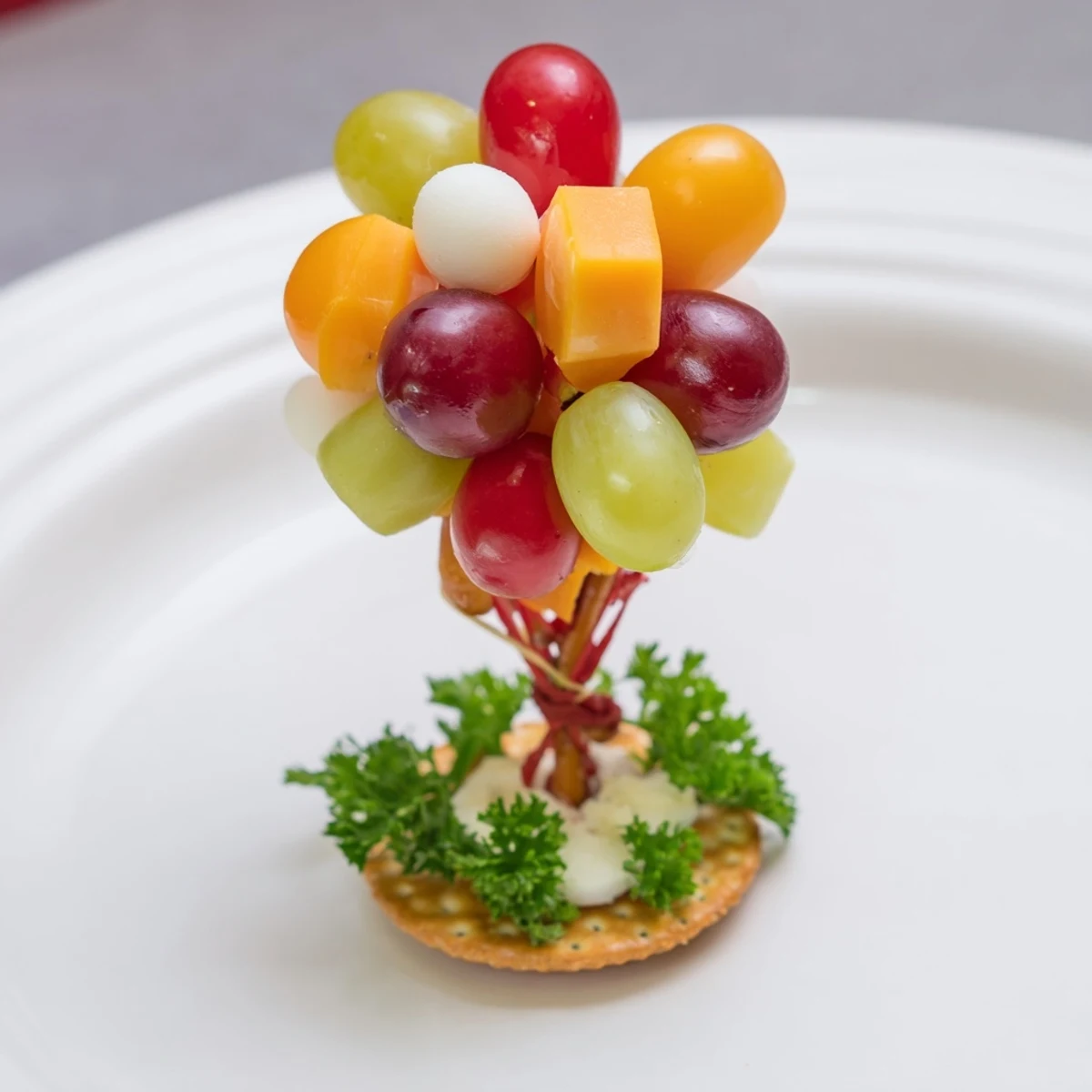 Assembled Up, Up, & Away Hot Air Balloon Snacks showcase mini mozzarella and cheddar atop crackers, ready to eat!