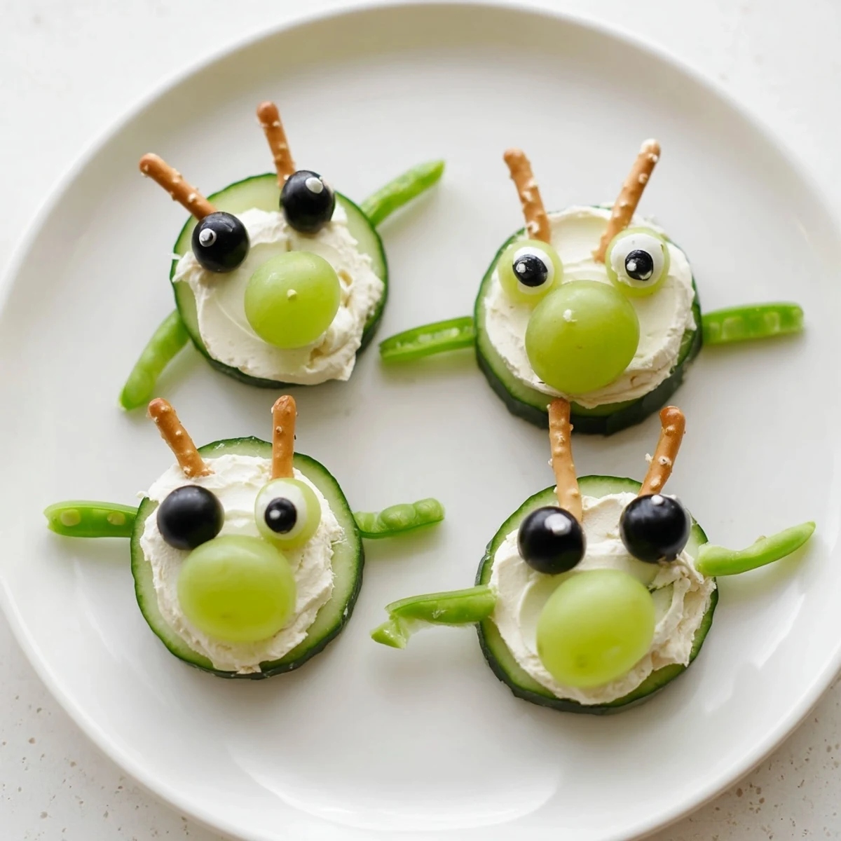 Cucumber Little Green Men Alien Snack Attack with adorable edible candy eyes and pretzel antennas.