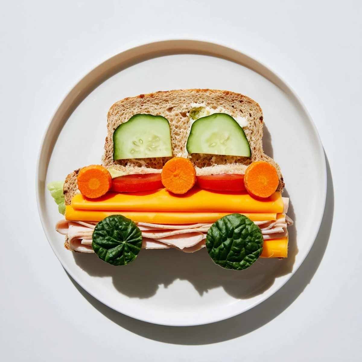 Vibrant photo of a Road Trip Ready Car-Shaped Lunch, featuring fun sandwich cars with colorful veggie wheels.