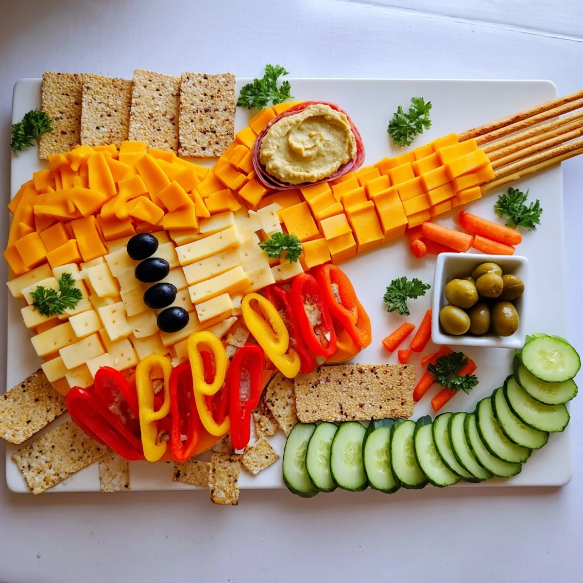 Rock Star Guitar Snack Platter: A vibrant, guitar-shaped arrangement filled with colorful veggie sticks and cheeses.