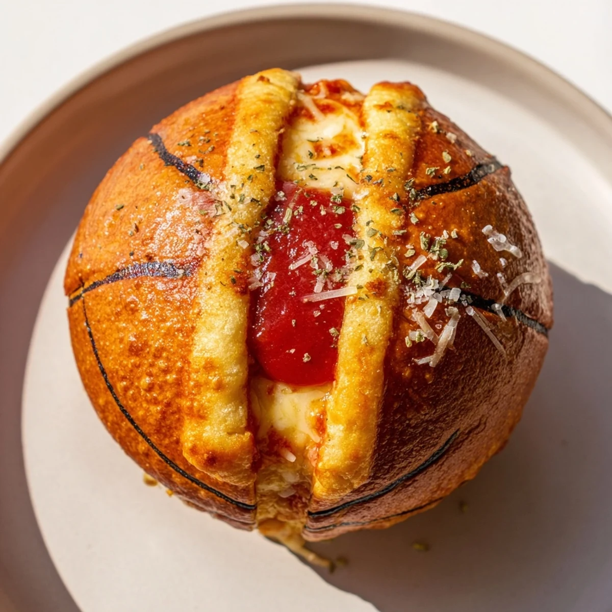 Freshly baked Slam Dunk Basketball Pizza Bites, showcasing appealing pizza ingredients and basketball detail.