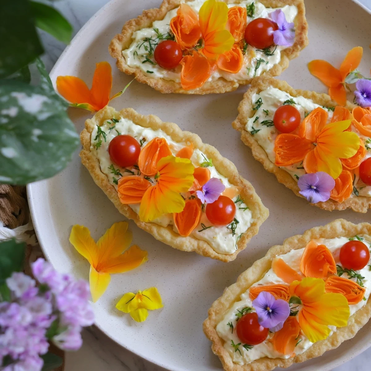 Golden, baked fairy garden flower shaped snacks topped with vibrant vegetables and creamy filling.