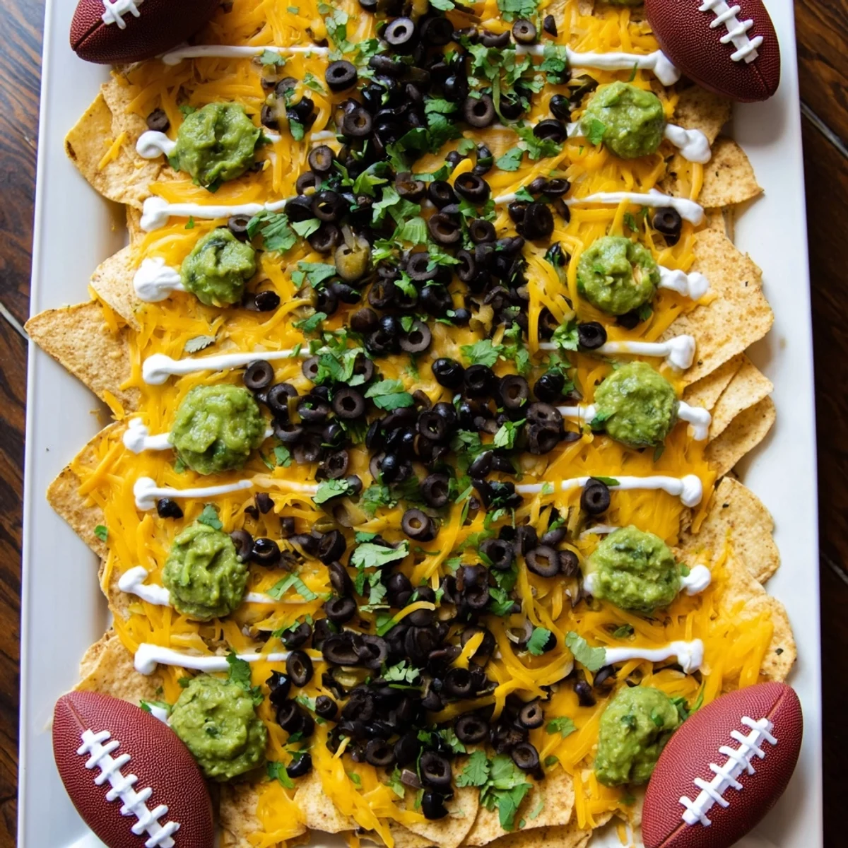 Golden, melted cheese blankets this Football Field Nacho Platter, ready for a game day feast.