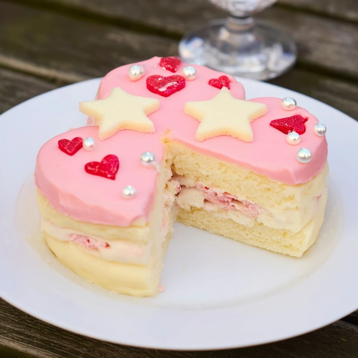 A beautifully decorated Château de Princesse Cœurs et Étoiles cake with pink and yellow frosting, ready to serve.