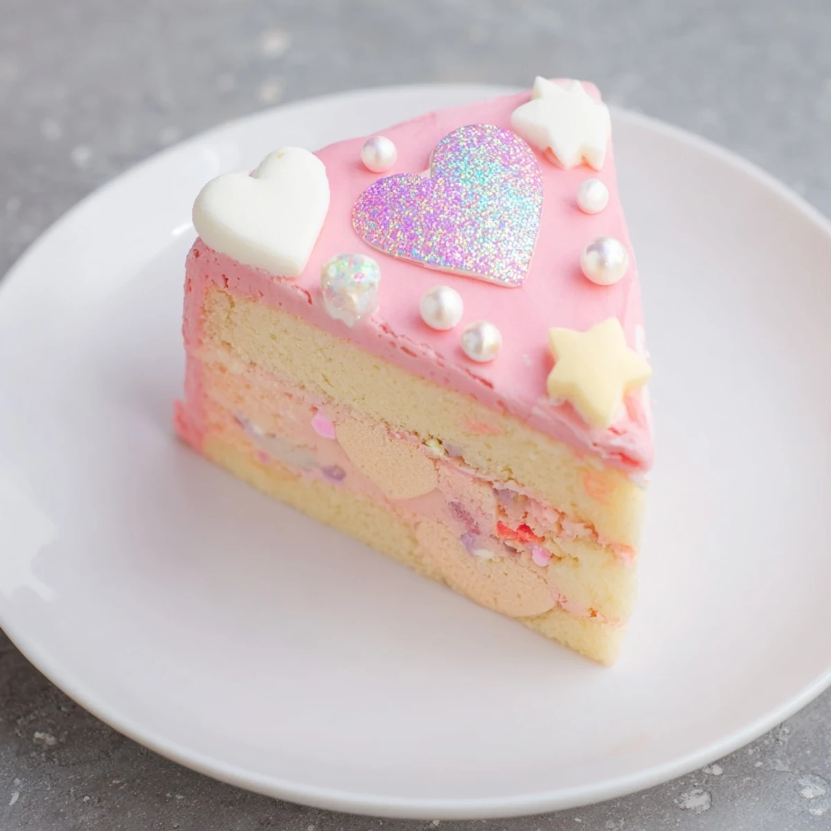 This exquisite Château de Princesse Cœurs et Étoiles dessert is a dreamy layered cake with glittering accents.