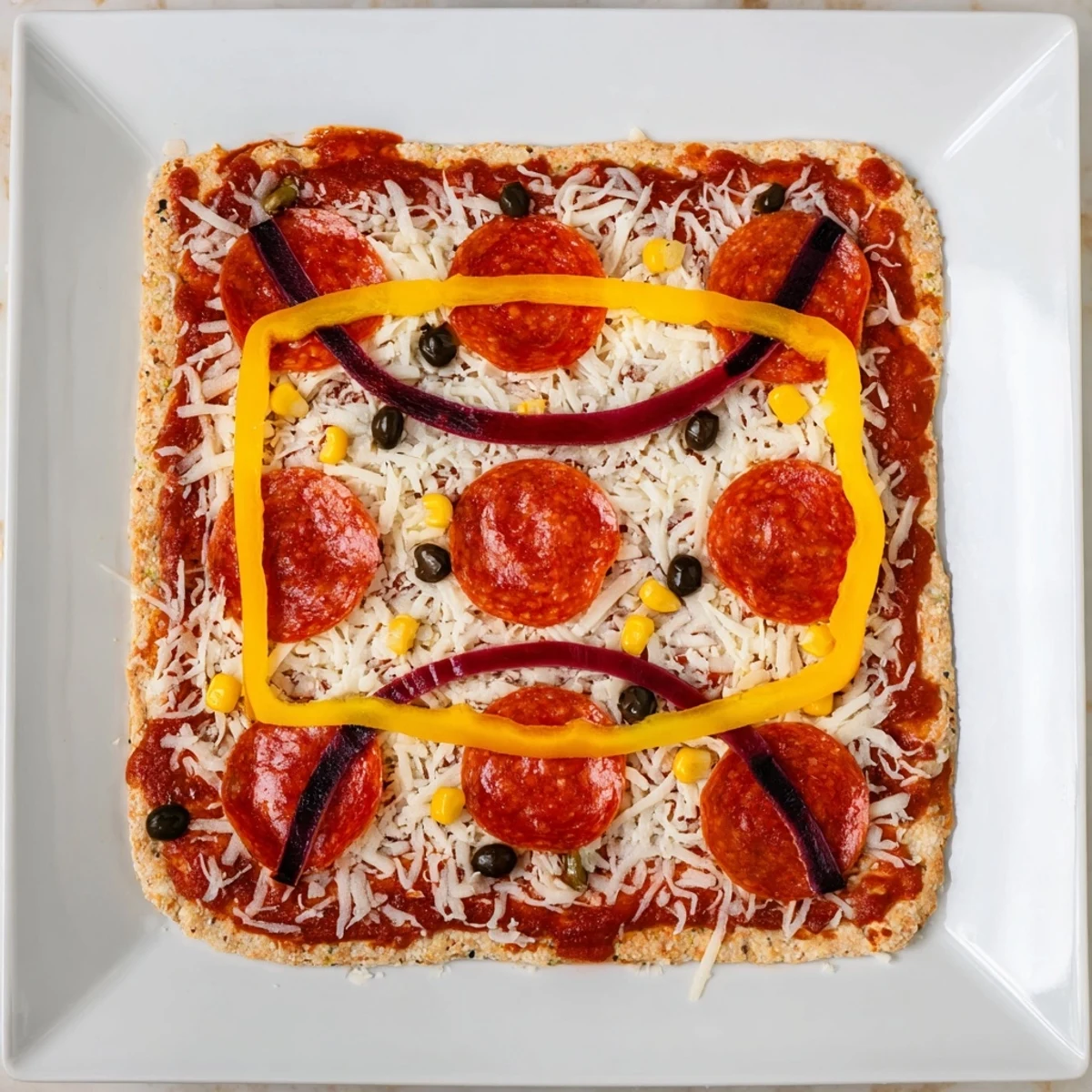 A bubbly Basketball Court Pizza with a vibrant assortment of pepperoni "basketballs" and veggie lines.